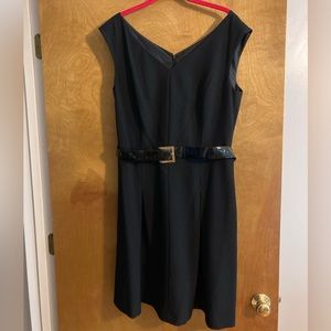 Chic, black knee-length Tahari shift with black belt—perfect condition, size 12